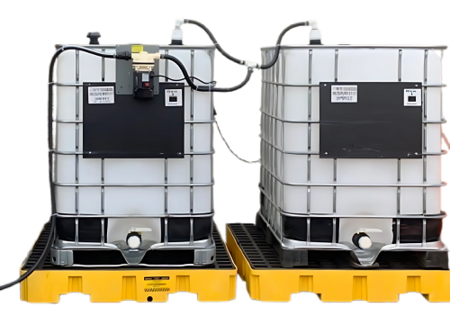 Two 330-gallon DEF totes connected in a manifolded system for increased bulk storage and efficient fuel dispensing.