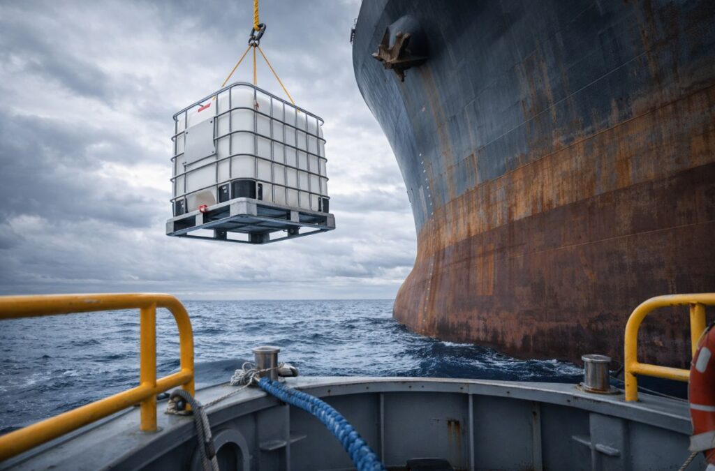 A 1,000-liter IBC tote of AUS40 being lifted by crane from a launch boat to a vessel at anchorage, demonstrating offshore delivery capabilities.