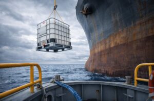 A 1,000-liter IBC tote of AUS40 being lifted by crane from a launch boat to a vessel at anchorage, demonstrating offshore delivery capabilities.