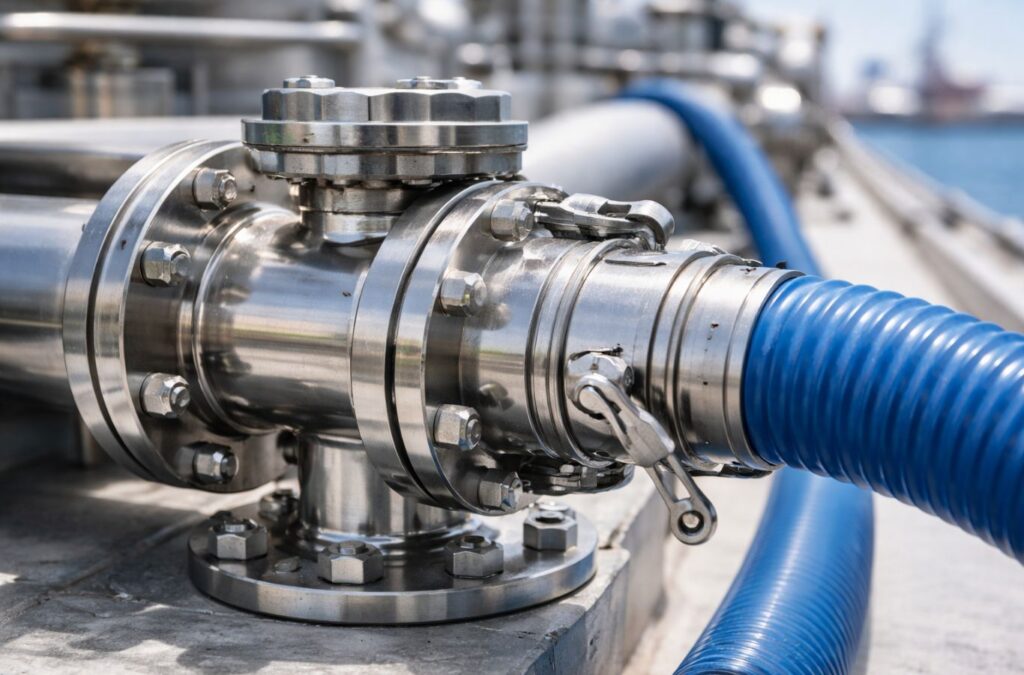A 1,000-liter IBC tote of high-purity AUS40 being lifted by a crane from a launch boat to a vessel at anchorage, demonstrating safe offshore handling procedures
