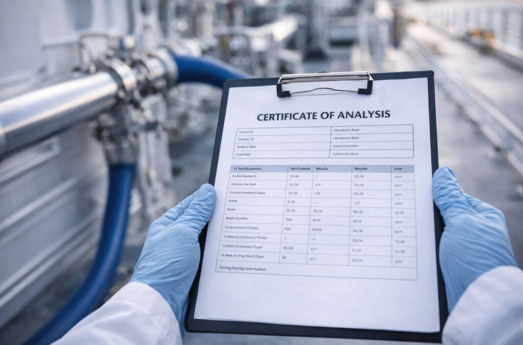 A Certificate of Analysis (COA) document being reviewed by a ship's officer, verifying urea concentration and purity specifications before delivery.