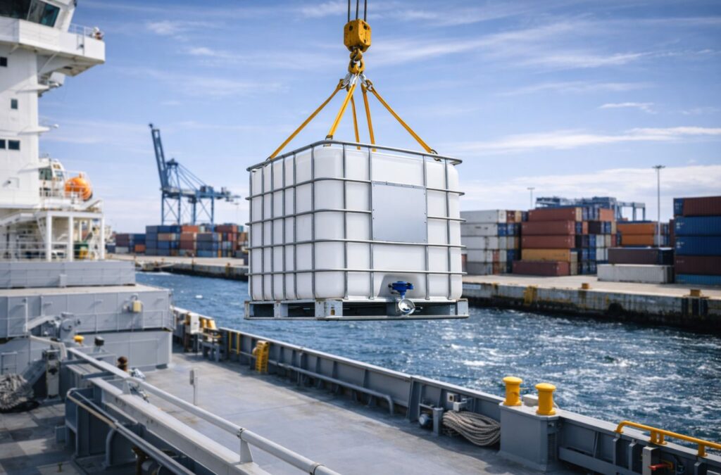 A crane lifting an IBC tote containing marine fluid (MEG or Industrial Urea) to a vessel deck for inventory replenishment, illustrating packaged goods logistics