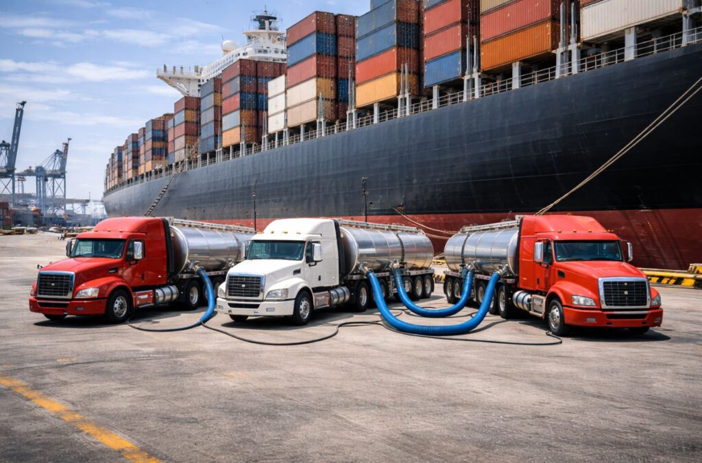 A fleet of AUS40Marine bulk tanker trucks servicing a large vessel at port, illustrating the consolidated logistics network used for delivering multiple marine fluid types