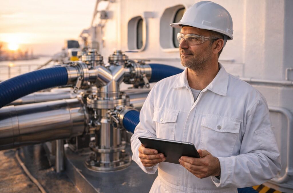 A vessel Chief Engineer calmly monitoring a single-point AUS40 hose connection on deck, illustrating the operational simplicity and safety of the custom flange system.