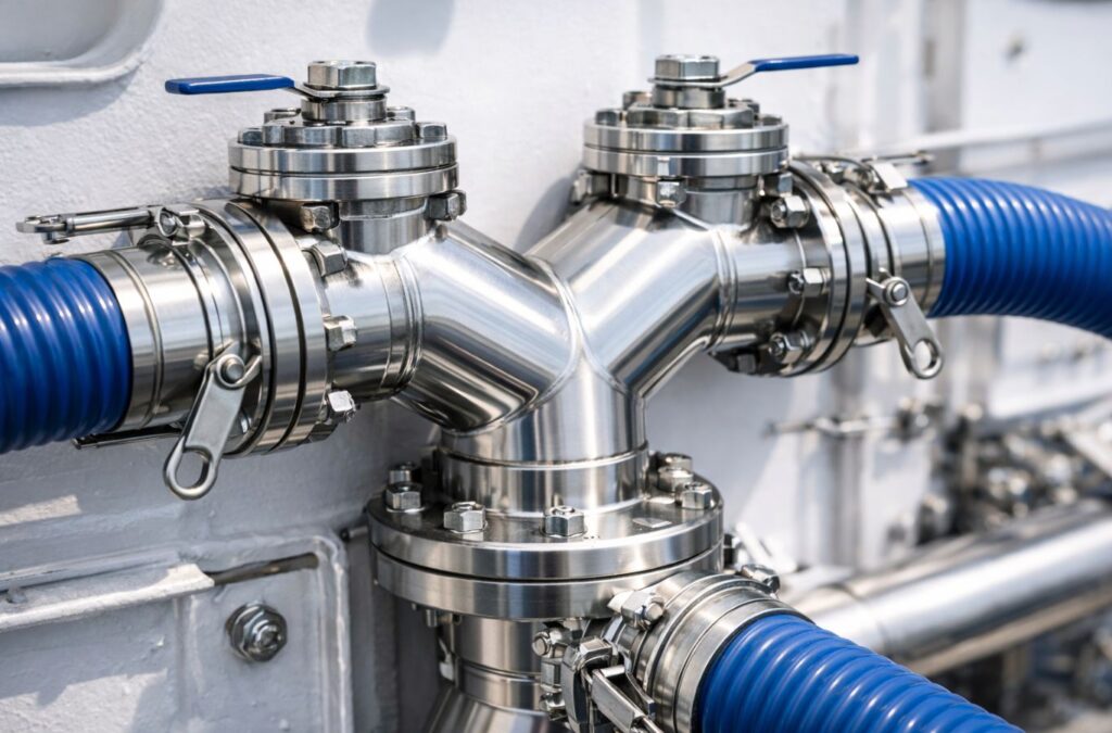 Custom stainless steel manifold flange connecting blue delivery hoses to a ship's urea receiving point, designed for rapid "connect once" AUS40 delivery.