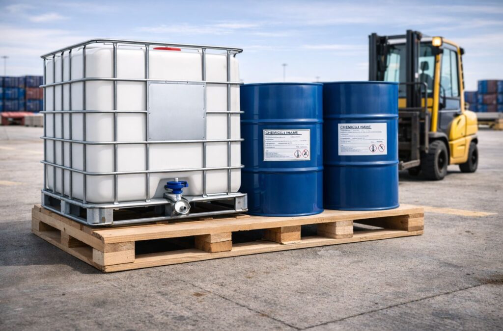 Diverse marine chemical packaging, including a 1000L IBC tote and 200L steel drums, ready for loading, representing the supply of MEG and Industrial Urea alongside AUS40