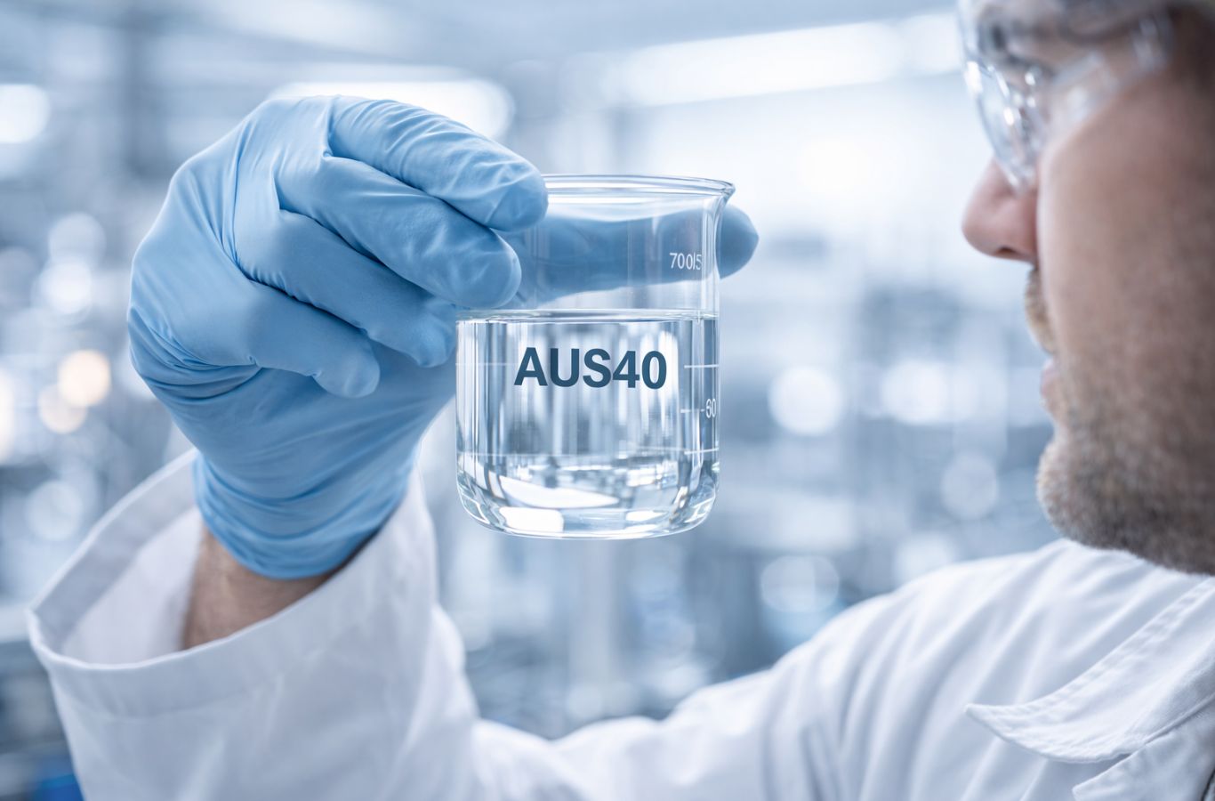 Laboratory technician conducting ISO 22241 quality control testing on a sample of AUS40 marine urea to ensure purity and SCR system safety.