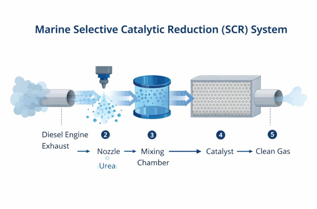 Technical diagram of a Marine Selective Catalytic Reduction (SCR) system showing the injection of AUS40 urea into the exhaust stream to convert Nitrogen Oxides (NOx) into harmless nitrogen and water