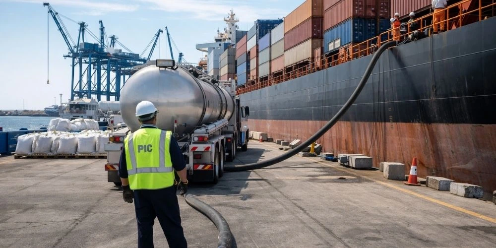 Technician refilling a bulk DEF storage tank for a diesel operation in Houston, TX.